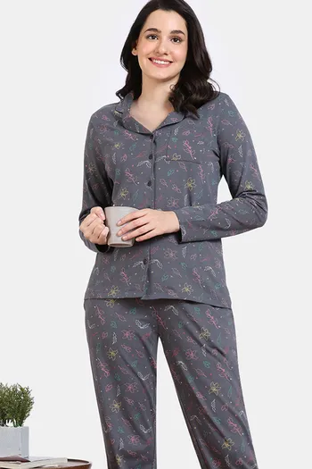 Buy Zivame Shades of Joy Knit Cotton Pyjama Set - Iron Gate